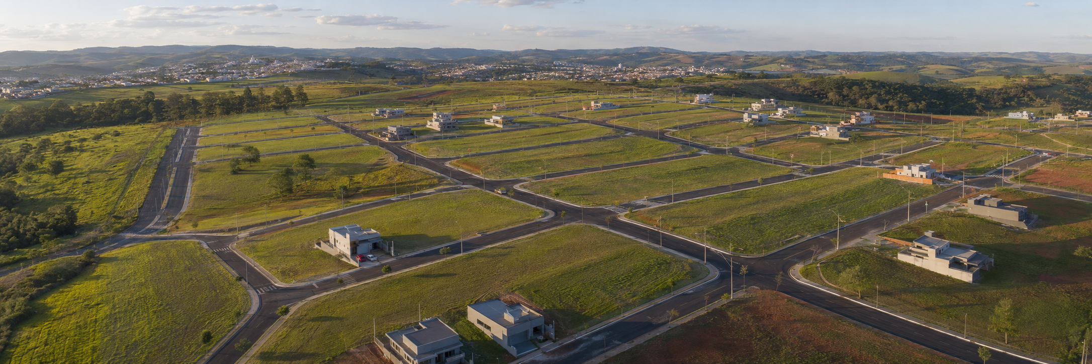 Imagem conceitual do Residencial Altos da Grama, bairro planejado aberto com vista para a paisagem