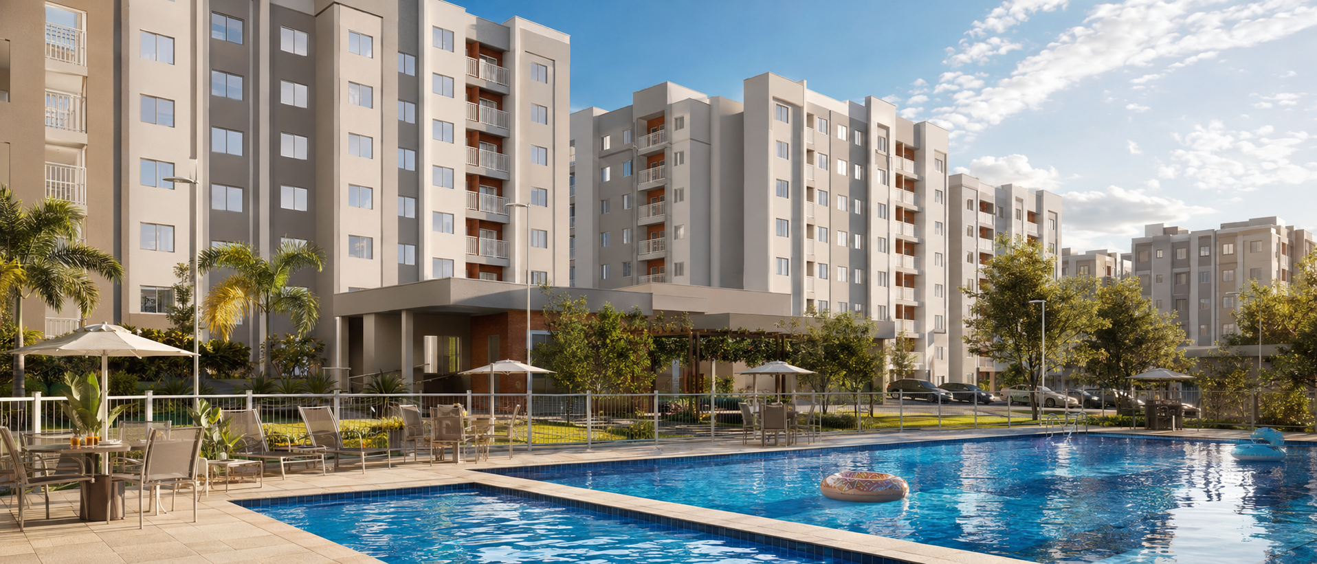Imagem conceitual do Parque Limeira, com edifícios residenciais e área de lazer